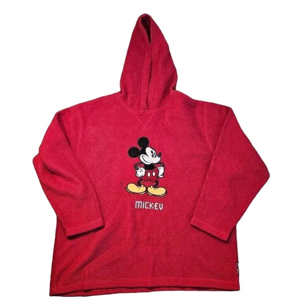 Disney Mickey Mouse Fleece Pullover Hoodie Embroidered Red Size Medium VTG Y2K